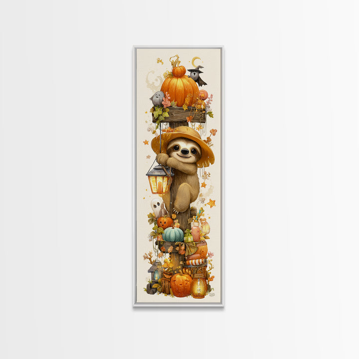 The Scarecrow Sloth, Kawaii Halloween Art, Tall Narrow Wall Art, Framed Canvas Print, Cute Halloween Wall Art