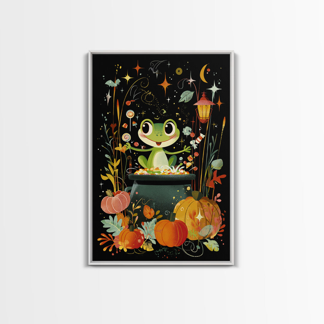 The Cauldron Frog, Retro Halloween Art, Vertical Wall Art, Canvas Print, Cute Halloween Wall Art, Whimsical Nursery Decor