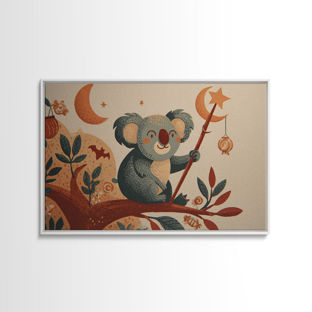 The Koala Wizard, Screenprint Halloween Art, Landscape Wall Art, Framed Canvas Print, Cute Halloween Wall Art