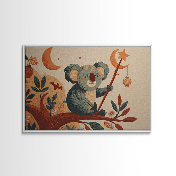 The Koala Wizard, Screenprint Halloween Art, Landscape Wall Art, Framed Canvas Print, Cute Halloween Wall Art