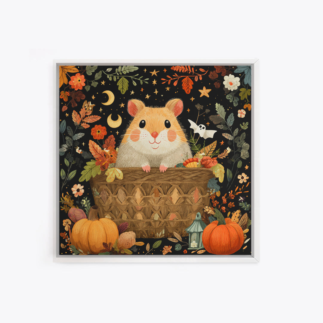 The Pumpkin Hamster, Folk Halloween Art, Square Wall Art, Canvas Print, Cute Halloween Wall Art, Halloween Kids Decor