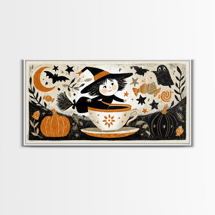 The Teacup Witch, Linocut Halloween Art, Wide Panoramic Art, Framed Canvas Print, Cute Halloween Wall Art