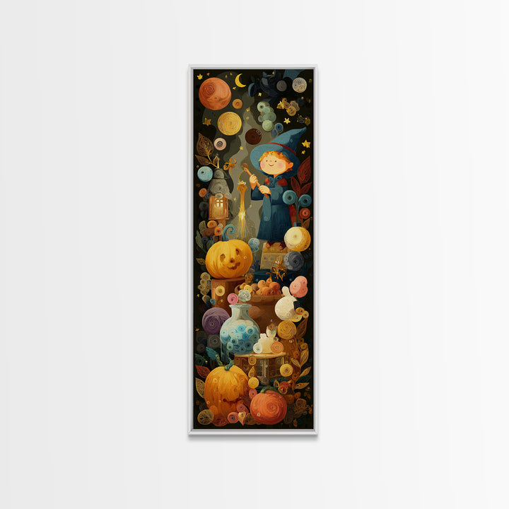 The Bubble Potion Apprentice, Quilled Halloween Art, Tall Narrow Wall Art, Framed Canvas Print, Cute Halloween Wall Art