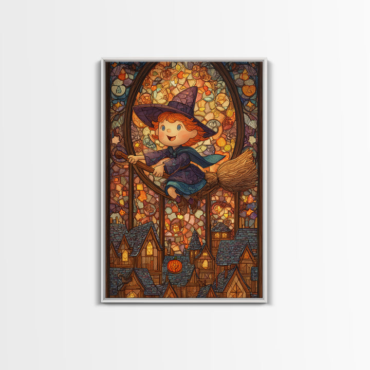 The Witch With A Balloon Broom, Stained Glass Halloween, Vertical Wall Art, Canvas Print, Cute Halloween Wall Art