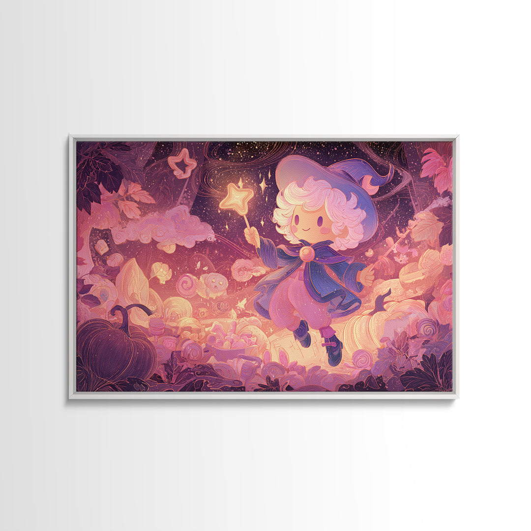 The Cookie Spellcaster, Vaporwave Halloween Art, Landscape Wall Art, Framed Canvas Print, Cute Halloween Wall Art