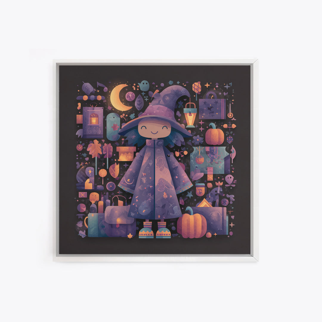 The Moonlight Pajama Witch, Pixel Halloween Art, Square Wall Art, Canvas Print, Cute Halloween Wall Art