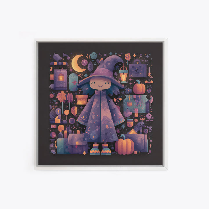 The Moonlight Pajama Witch, Pixel Halloween Art, Square Wall Art, Canvas Print, Cute Halloween Wall Art