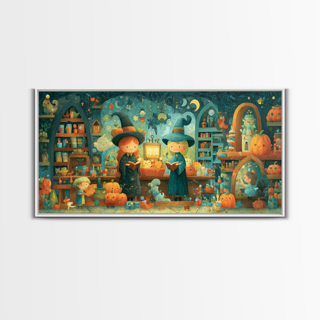 The Tiny Hat Shop Witch, Vector Halloween Art, Wide Panoramic Art, Framed Canvas Print, Cute Halloween Wall Art