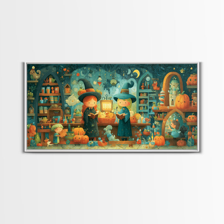 The Tiny Hat Shop Witch, Vector Halloween Art, Wide Panoramic Art, Framed Canvas Print, Cute Halloween Wall Art