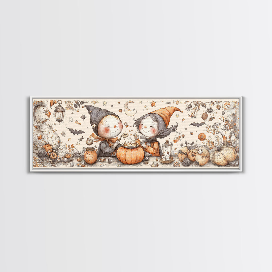 The Pumpkin Potion Twins, Hand Sketch Halloween Art, Extra Wide Wall Art, Canvas Print, Cute Halloween Wall Art