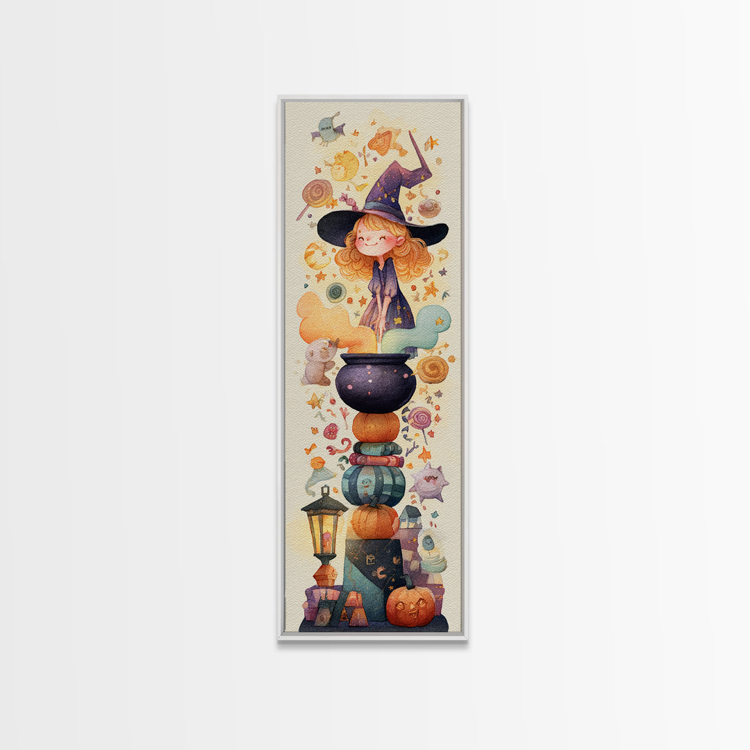 The Rainbow-Cauldron Witch, Watercolor Halloween Art, Tall Narrow Wall Art, Framed Canvas Print, Cute Halloween Wall Art