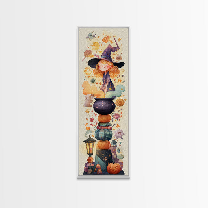 The Rainbow-Cauldron Witch, Watercolor Halloween Art, Tall Narrow Wall Art, Framed Canvas Print, Cute Halloween Wall Art