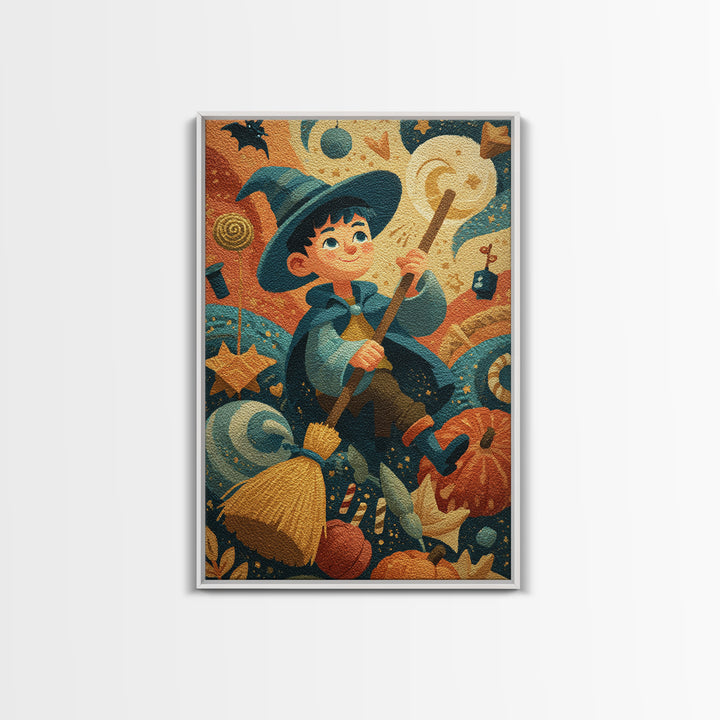 The Stardust Apprentice, Gouache Halloween Art, Vertical Wall Art, Canvas Print, Cute Halloween Wall Art