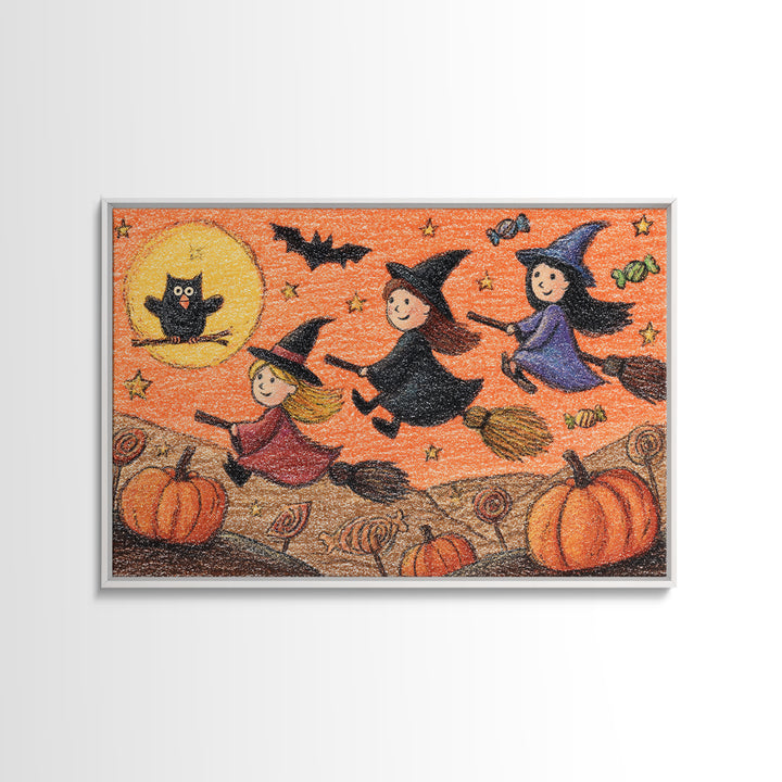The Broomstick Riding Lesson, Crayon Halloween Art, Landscape Wall Art, Framed Canvas Print, Cute Halloween Wall Art