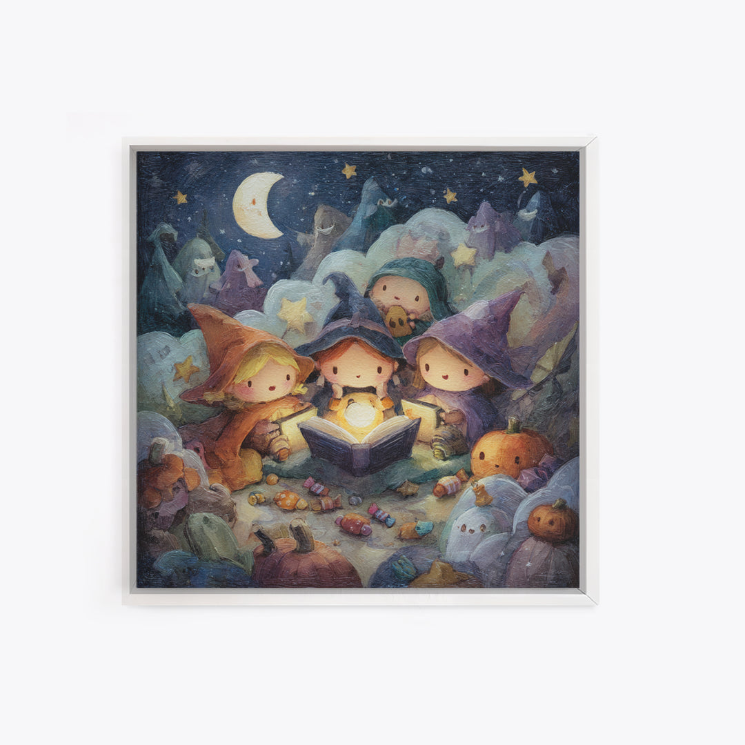 The Spellbook Sleepover, Pastel Halloween Art, Square Wall Art, Canvas Print, Cute Halloween Wall Art