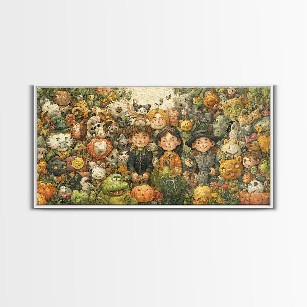 The Friendly Familiar Club, Paper Collage Halloween, Wide Panoramic Art, Framed Canvas Print, Cute Halloween Wall Art