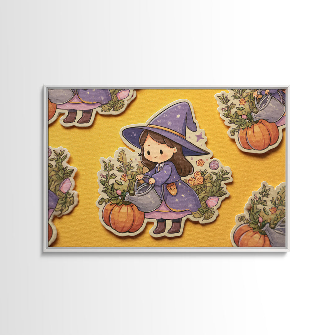 The Moon Garden Witch, Kawaii Halloween Art, Landscape Wall Art, Framed Canvas Print, Cute Halloween Wall Art