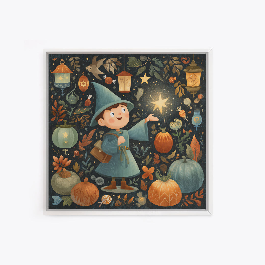 The Lantern-Light Wizard, Retro Halloween Art, Square Wall Art, Canvas Print, Cute Halloween Wall Art