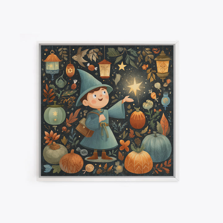 The Lantern-Light Wizard, Retro Halloween Art, Square Wall Art, Canvas Print, Cute Halloween Wall Art