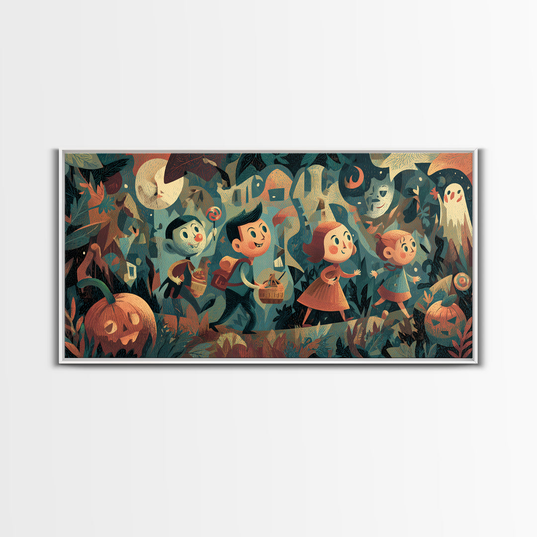 The Candy Map Adventurers, Screenprint Halloween Art, Wide Panoramic Art, Framed Canvas Print, Cute Halloween Wall Art