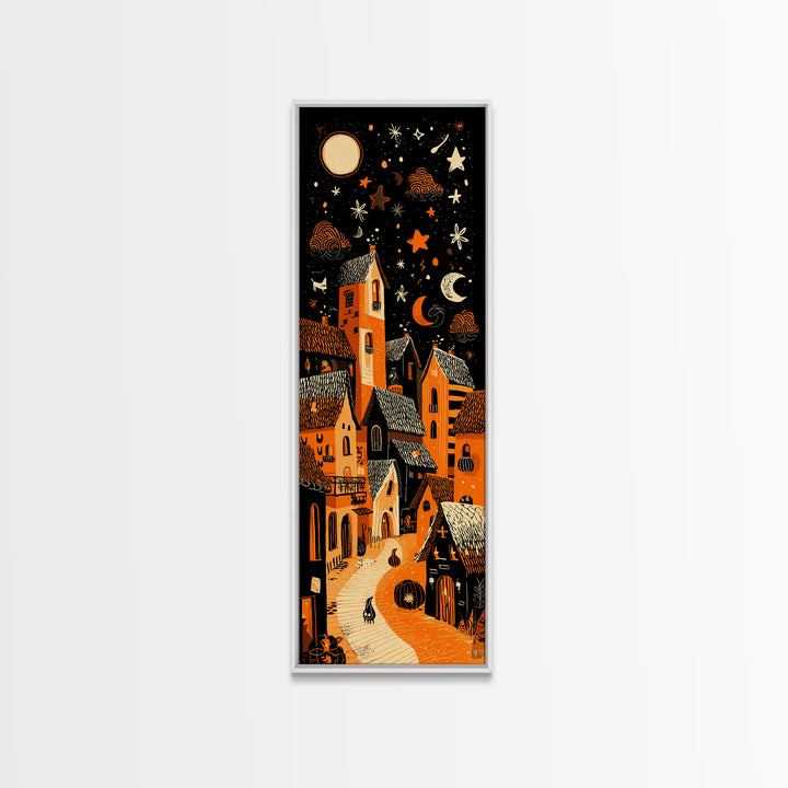 Candy Corn Village, Linocut Halloween Art, Tall Narrow Wall Art, Framed Canvas Print, Cute Halloween Wall Art