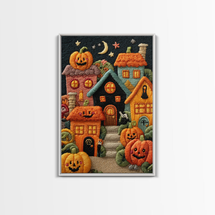 Pumpkin Cottage Lane, Embroidered Halloween Art, Vertical Wall Art, Canvas Print, Cute Halloween Wall Art