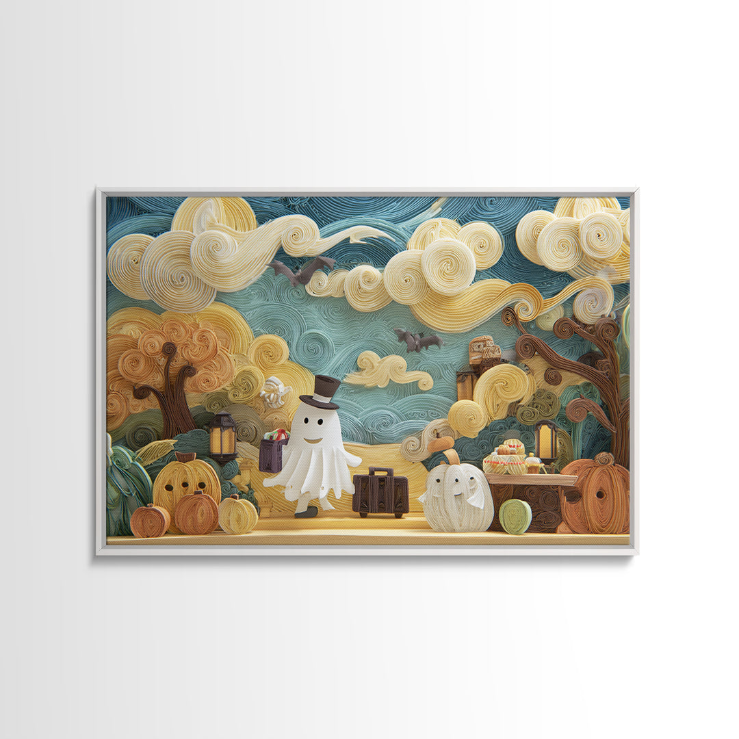 The Friendly Ghost Hotel, Quilled Halloween Art, Landscape Wall Art, Framed Canvas Print, Cute Halloween Wall Art