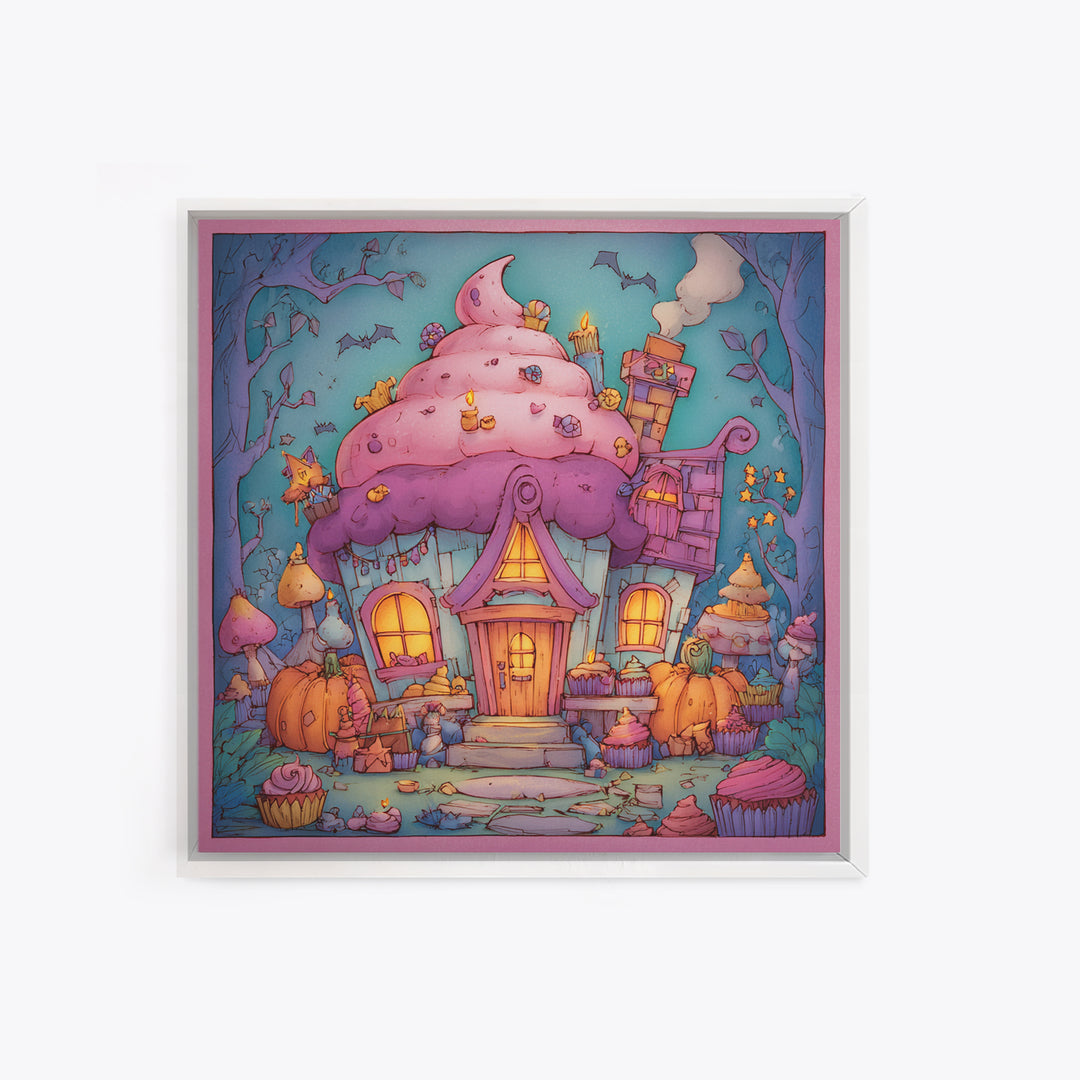 The Witch'S Cupcake Cottage, Stained Glass Halloween, Square Wall Art, Canvas Print, Cute Halloween Wall Art