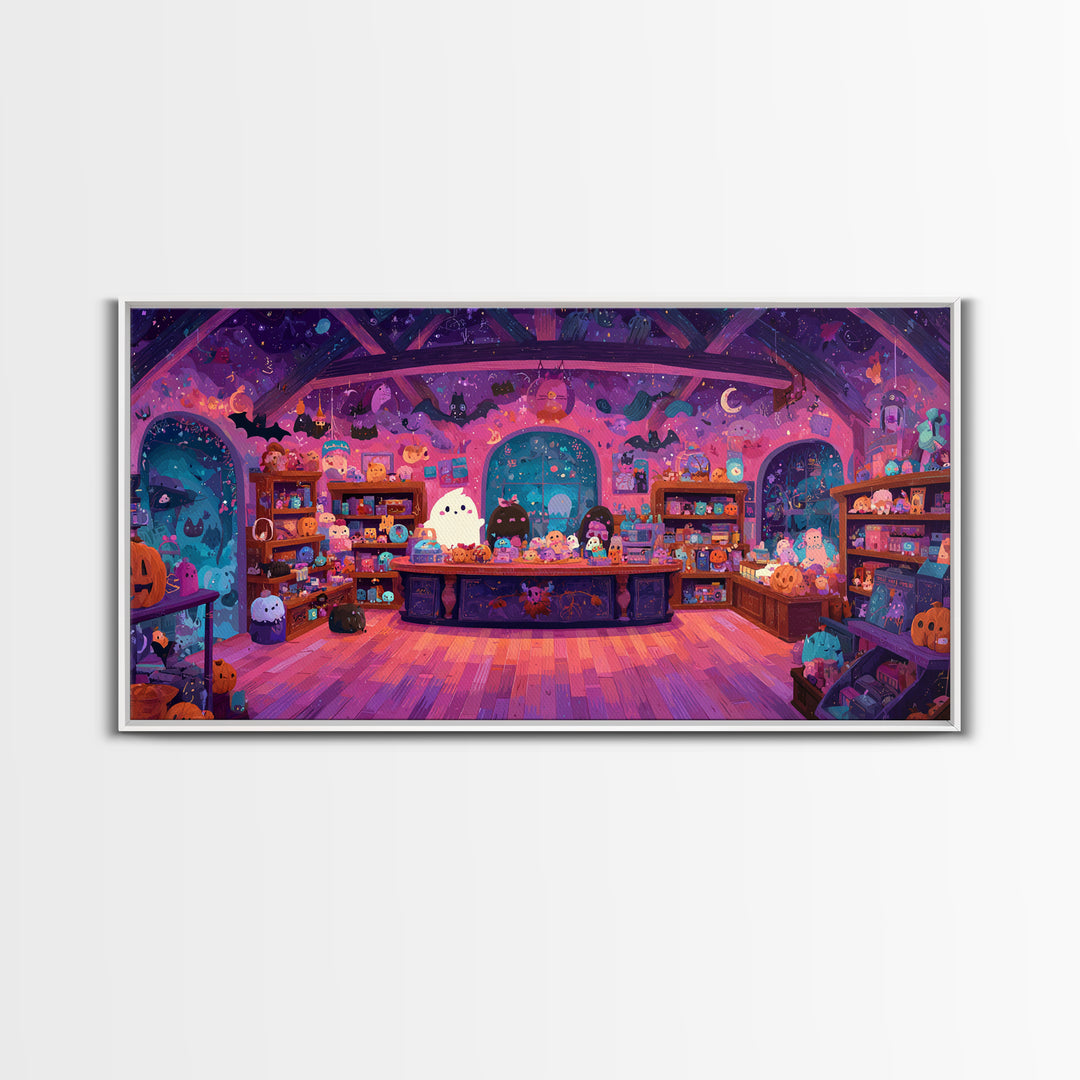 The Moonlight Toy Shop, Vaporwave Halloween Art, Wide Panoramic Art, Framed Canvas Print, Cute Halloween Wall Art