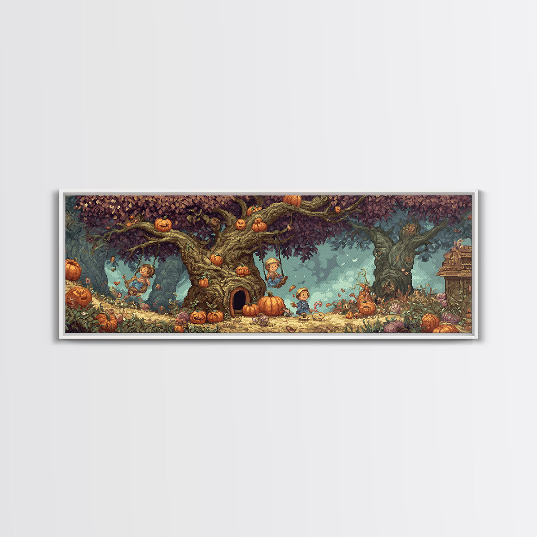 The Pumpkin Patch Playground, Pixel Halloween Art, Extra Wide Wall Art, Canvas Print, Cute Halloween Wall Art