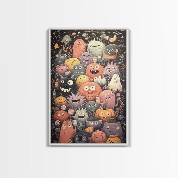The Little Monster School, Hand Sketch Halloween Art, Vertical Wall Art, Canvas Print, Cute Halloween Wall Art