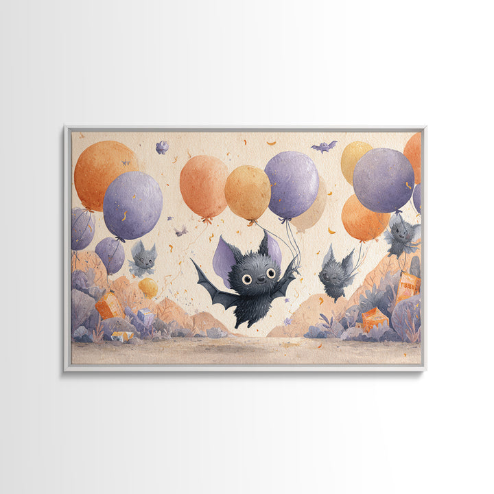 The Bat Balloon Factory, Watercolor Halloween Art, Landscape Wall Art, Framed Canvas Print, Cute Halloween Wall Art
