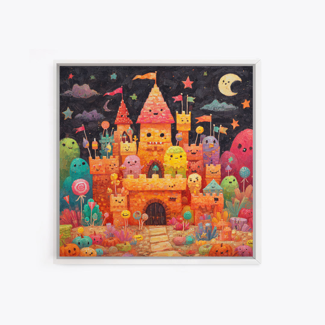 The Candy Castle, Gouache Halloween Art, Square Wall Art, Canvas Print, Cute Halloween Wall Art, Halloween Kids Decor