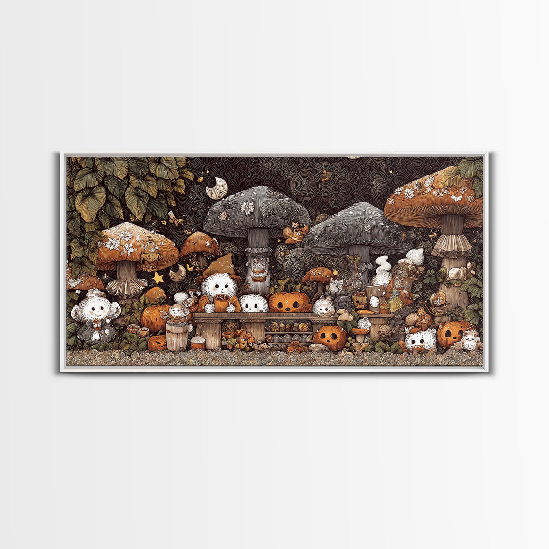 The Friendly Forest Cafe, Crayon Halloween Art, Wide Panoramic Art, Framed Canvas Print, Cute Halloween Wall Art