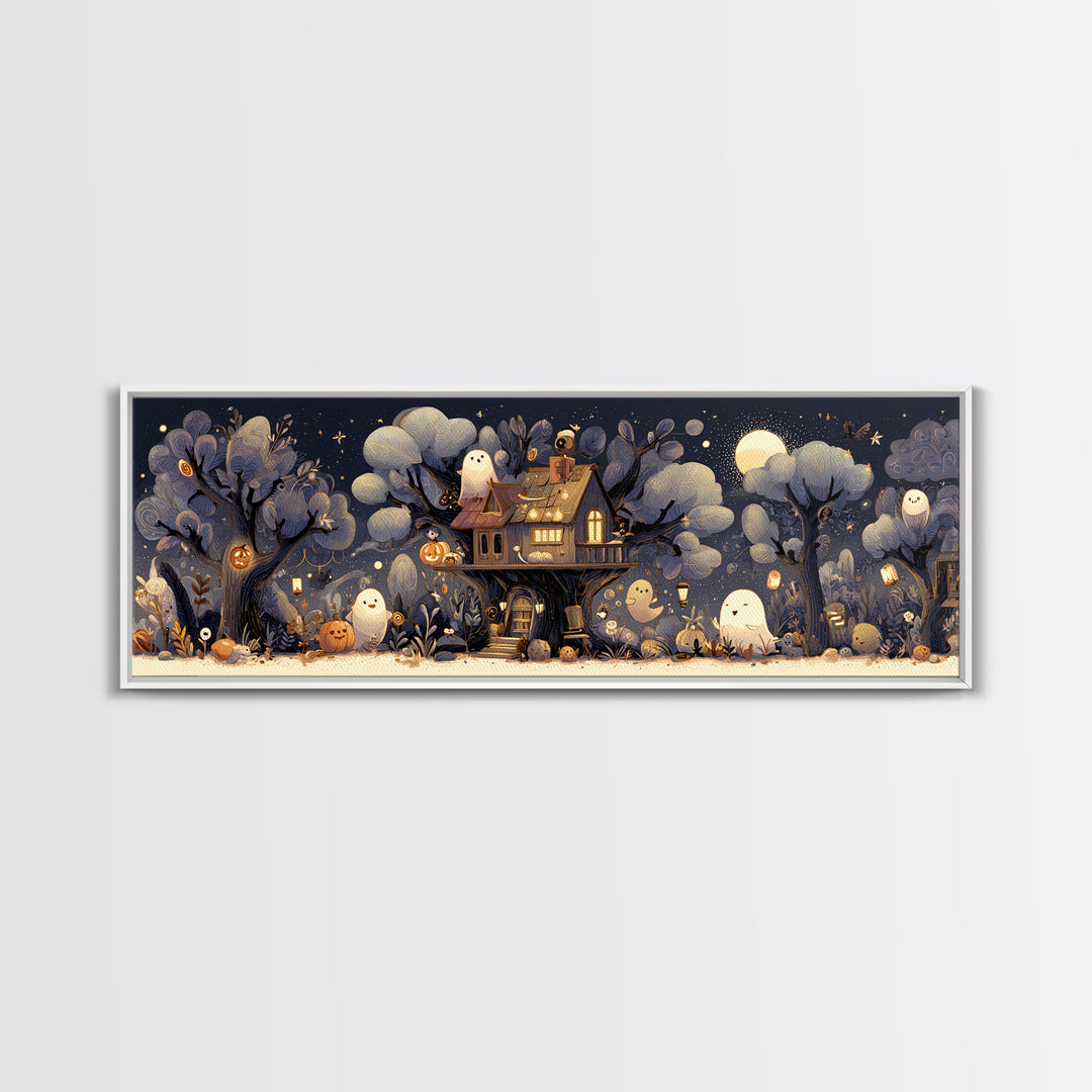 The Ghostly Treehouse, Pastel Halloween Art, Extra Wide Wall Art, Canvas Print, Cute Halloween Wall Art