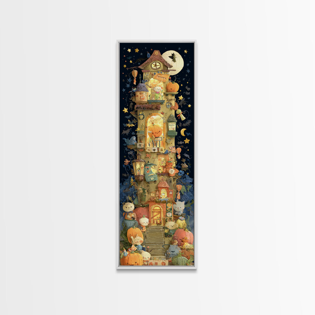 The Pumpkin Train Station, Paper Collage Halloween, Tall Narrow Wall Art, Framed Canvas Print, Cute Halloween Wall Art
