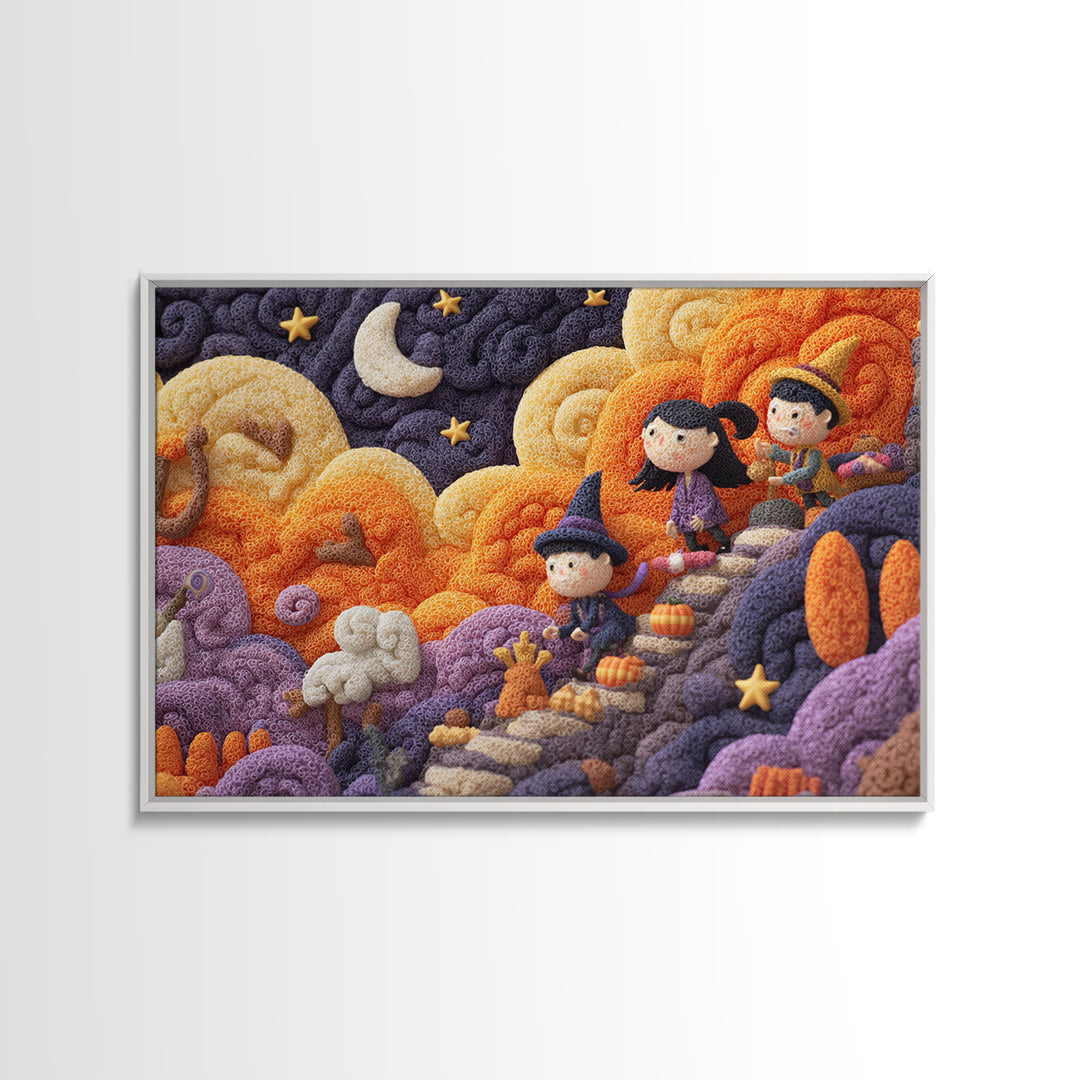 The Halloween Cloud Kingdom, Clay Halloween Art, Landscape Wall Art, Framed Canvas Print, Cute Halloween Wall Art