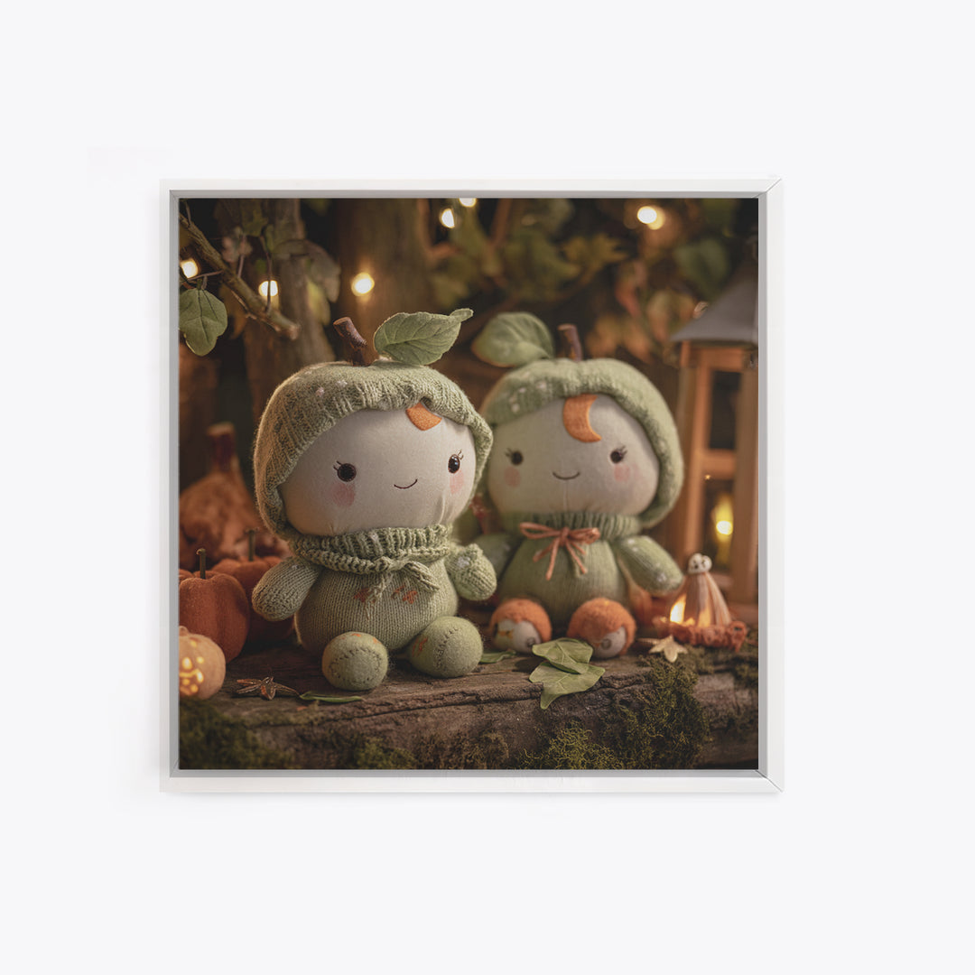 The Enchanted Apple Orchard, Plush Halloween Art, Square Wall Art, Canvas Print, Cute Halloween Wall Art