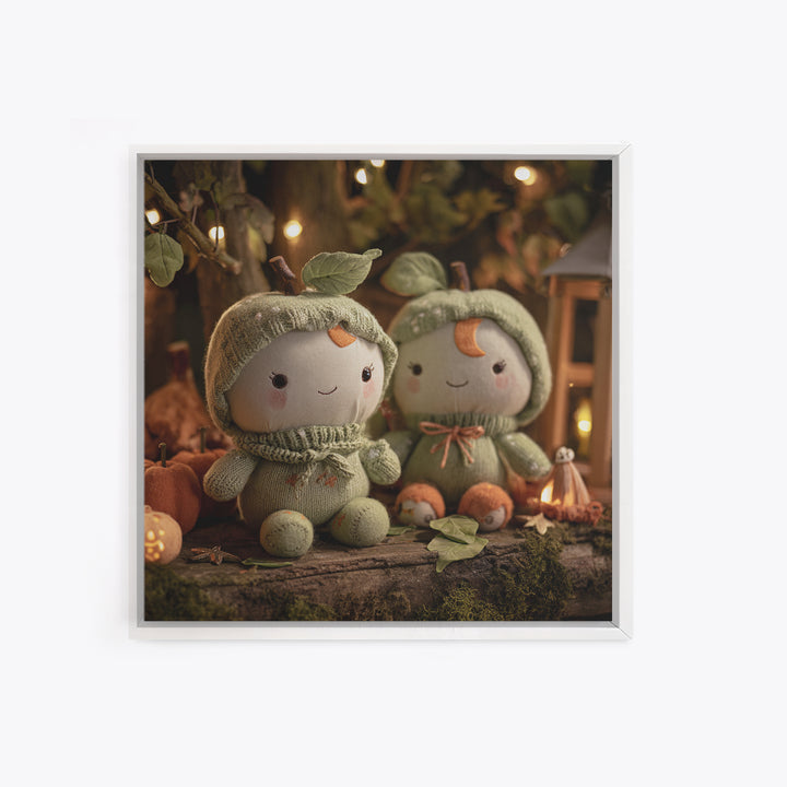 The Enchanted Apple Orchard, Plush Halloween Art, Square Wall Art, Canvas Print, Cute Halloween Wall Art