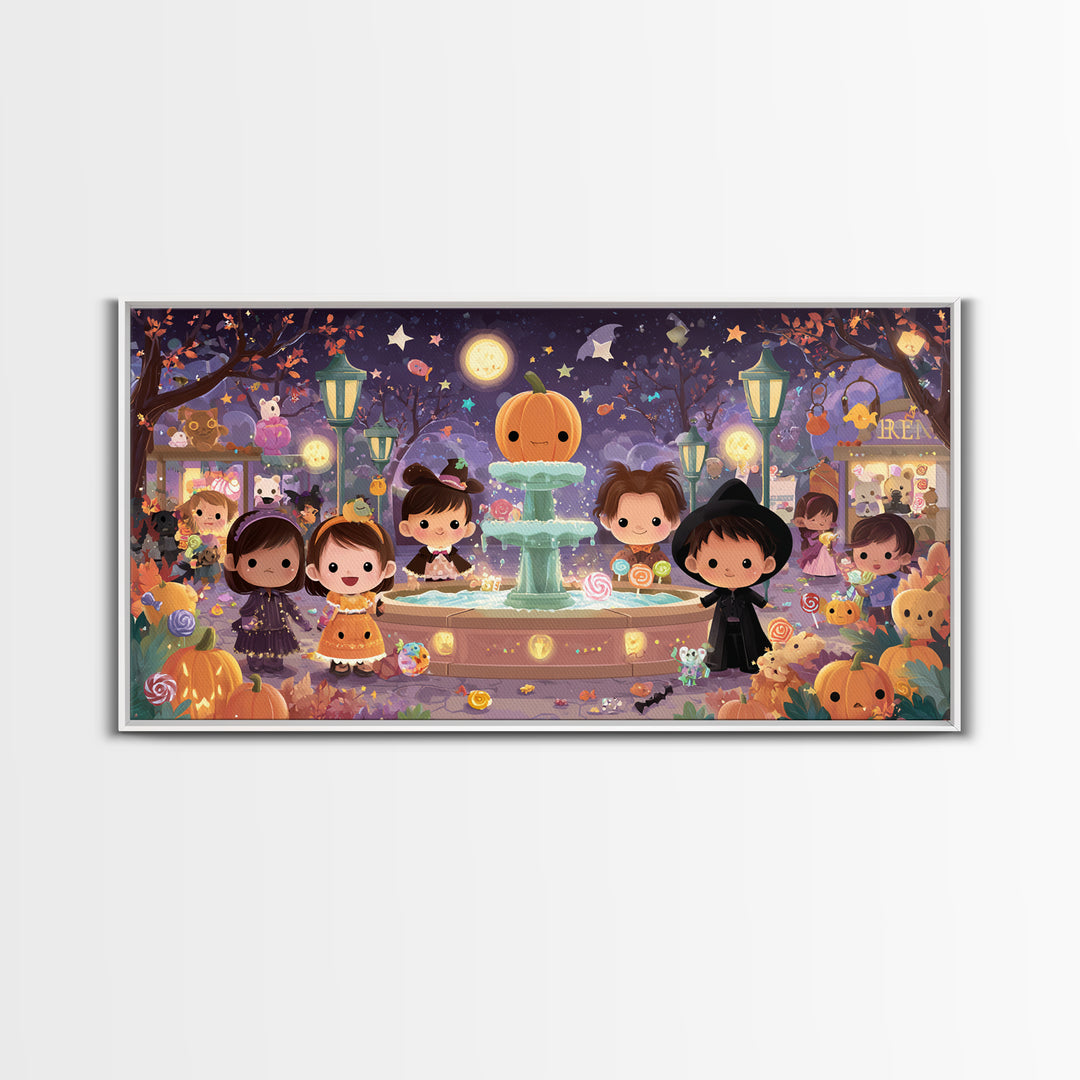 The Trick-Or-Treat Village Square, Kawaii Halloween Art, Wide Panoramic Art, Framed Canvas Print, Cute Halloween Wall Art