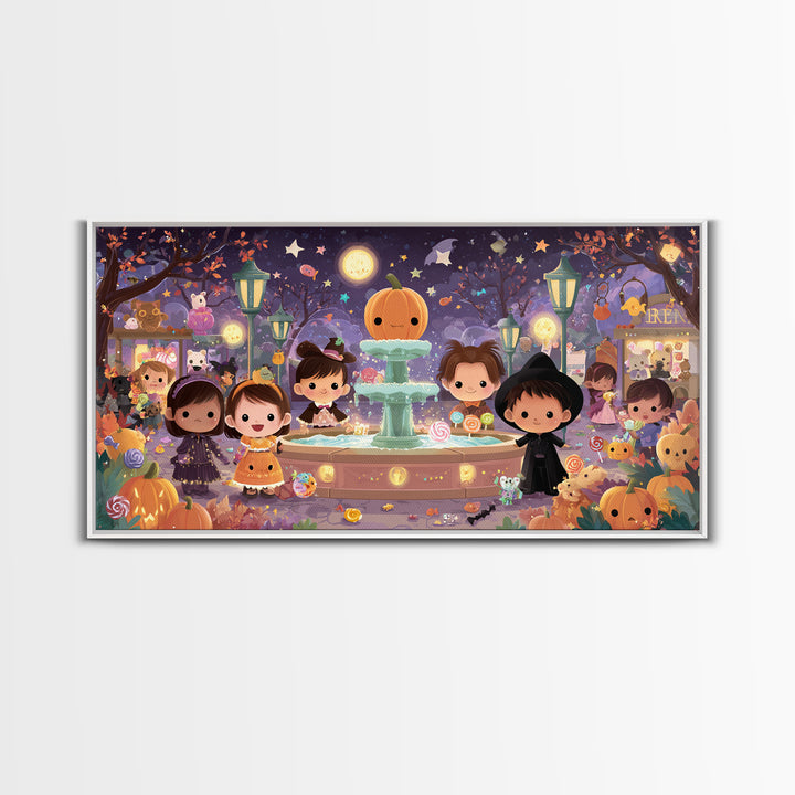 The Trick-Or-Treat Village Square, Kawaii Halloween Art, Wide Panoramic Art, Framed Canvas Print, Cute Halloween Wall Art