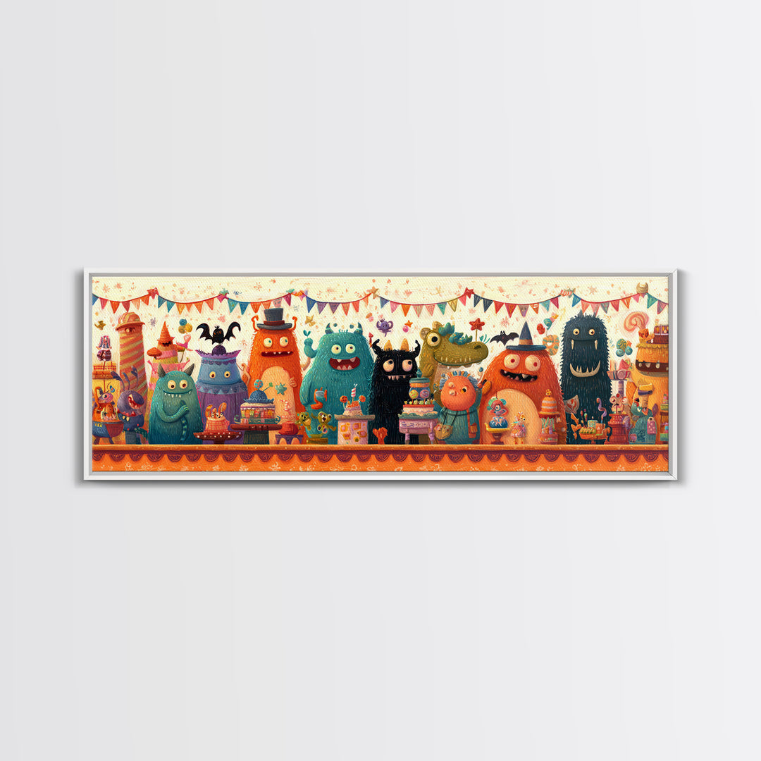The Friendly Monster Market, Retro Halloween Art, Extra Wide Wall Art, Canvas Print, Cute Halloween Wall Art