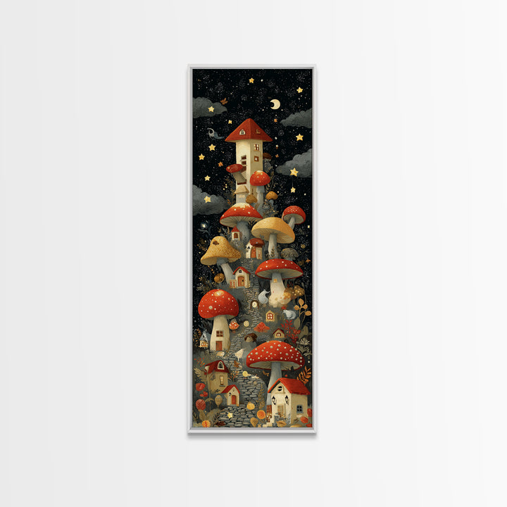 The Lantern-Lit Mushroom Village, Screenprint Halloween Art, Tall Narrow Wall Art, Framed Canvas Print, Cute Halloween Wall Art