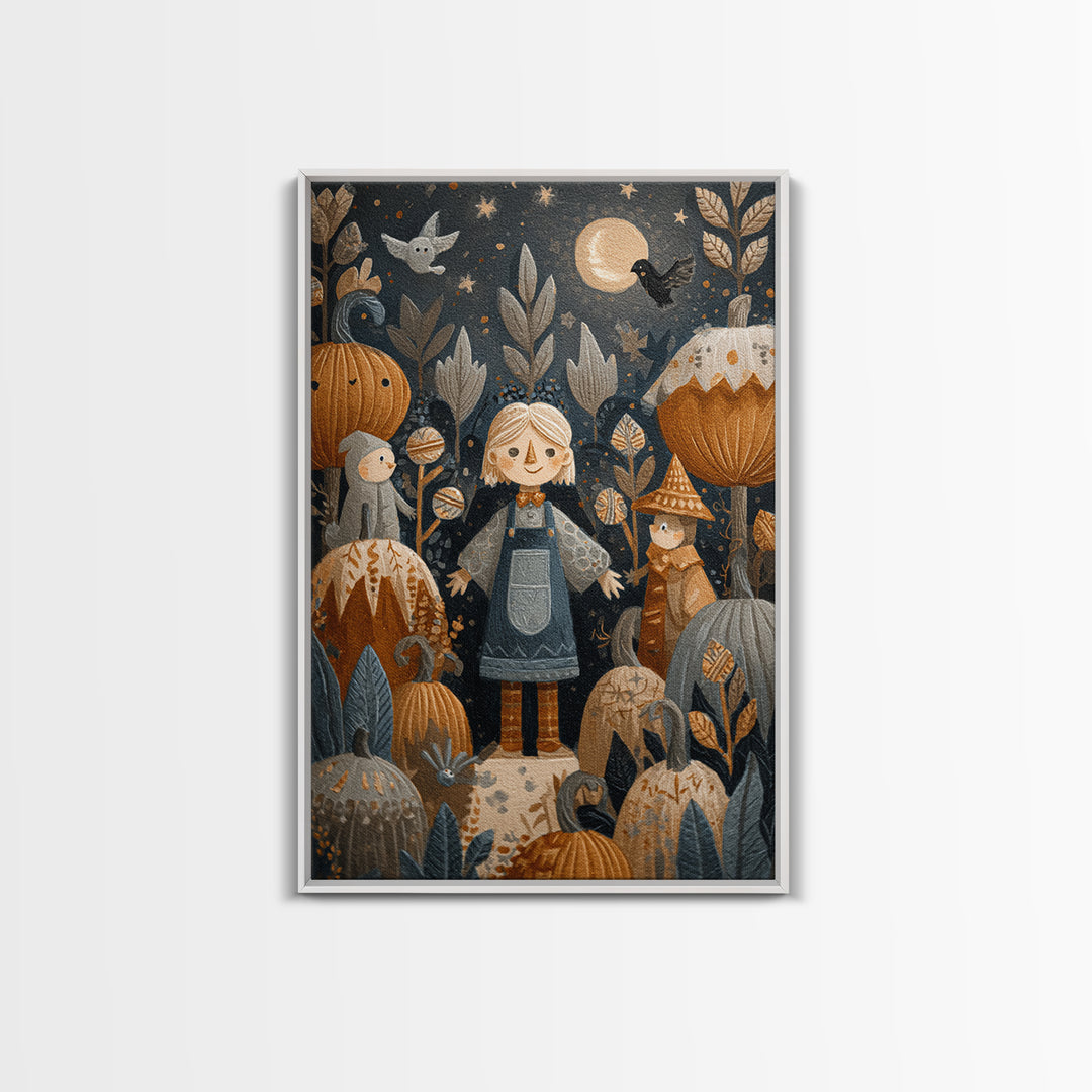 The Starry Pumpkin Farm, Folk Halloween Art, Vertical Wall Art, Canvas Print, Cute Halloween Wall Art