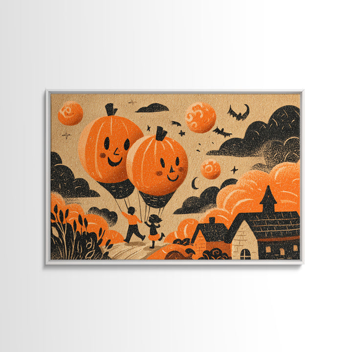 The Pumpkin Balloon Parade, Linocut Halloween Art, Landscape Wall Art, Framed Canvas Print, Cute Halloween Wall Art