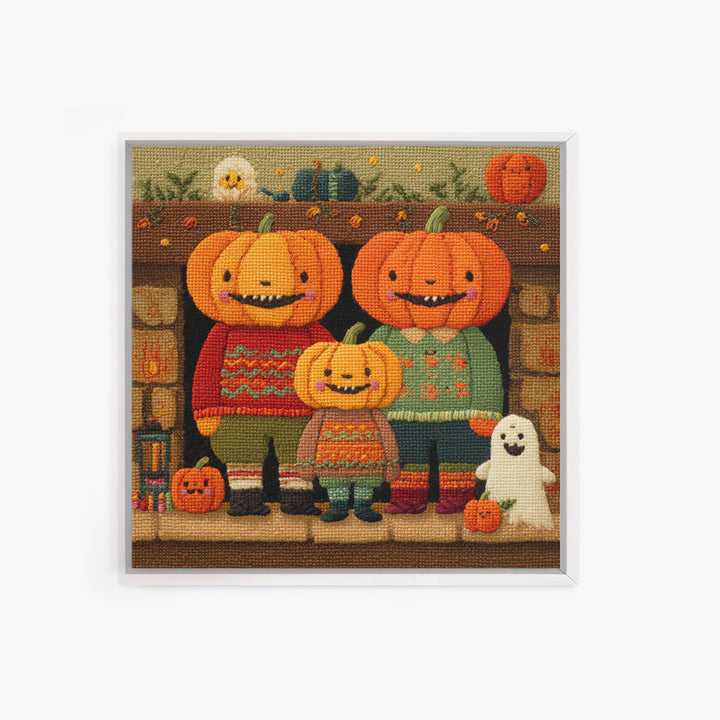 The Pumpkin Family Portrait, Embroidered Halloween Art, Square Wall Art, Canvas Print, Cute Halloween Wall Art