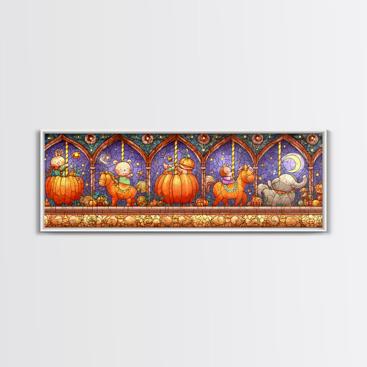 The Pumpkin Carousel, Stained Glass Halloween, Extra Wide Wall Art, Canvas Print, Cute Halloween Wall Art