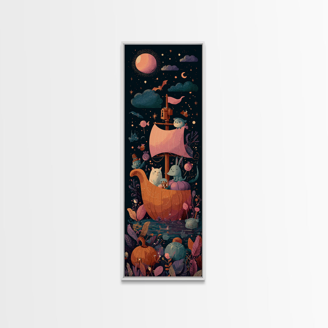 The Pumpkin Sailboat, Vaporwave Halloween Art, Tall Narrow Wall Art, Framed Canvas Print, Cute Halloween Wall Art