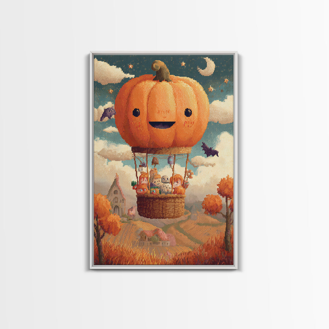 The Pumpkin Hot-Air Balloon, Pixel Halloween Art, Vertical Wall Art, Canvas Print, Cute Halloween Wall Art