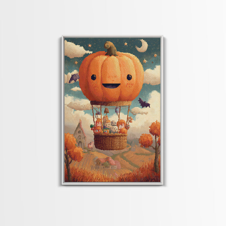 The Pumpkin Hot-Air Balloon, Pixel Halloween Art, Vertical Wall Art, Canvas Print, Cute Halloween Wall Art